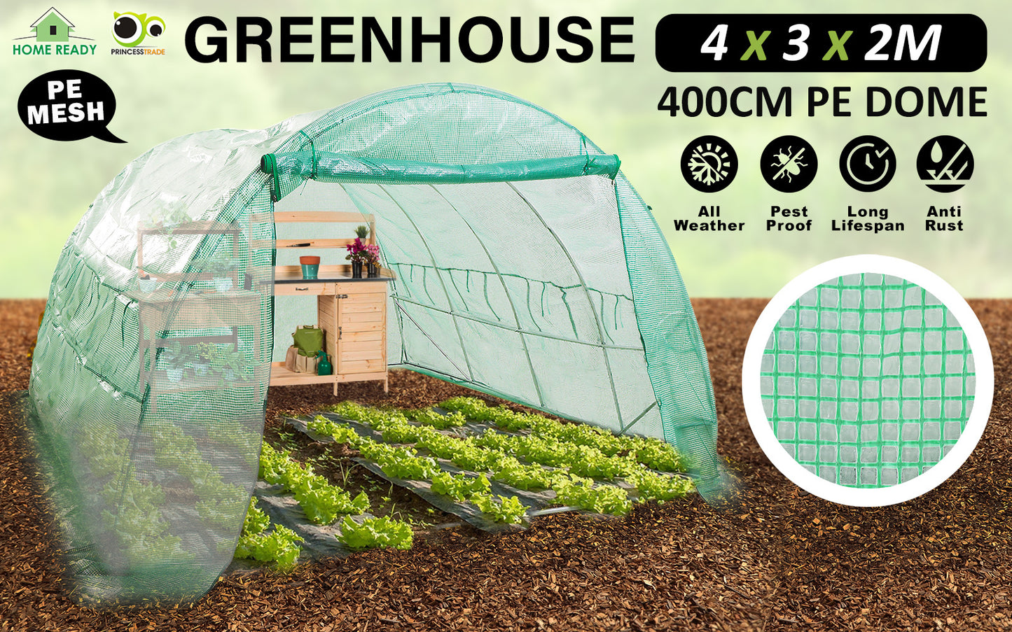 Home Ready Dome Tunnel Walk-In Greenhouse with Green UV Treated PE Mesh Cover - 4m x 3m x 2m