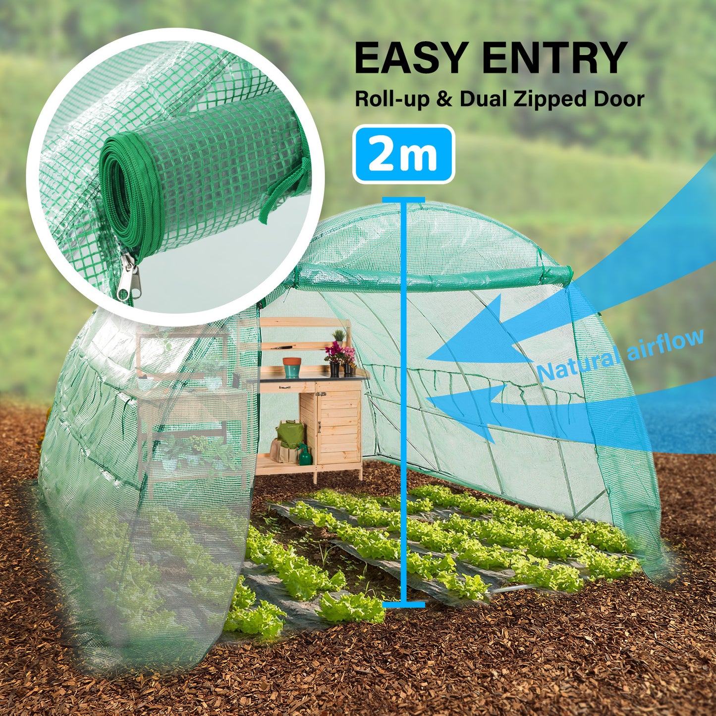 Home Ready Dome Tunnel Walk-In Greenhouse with Green UV Treated PE Mesh Cover - 4m x 3m x 2m