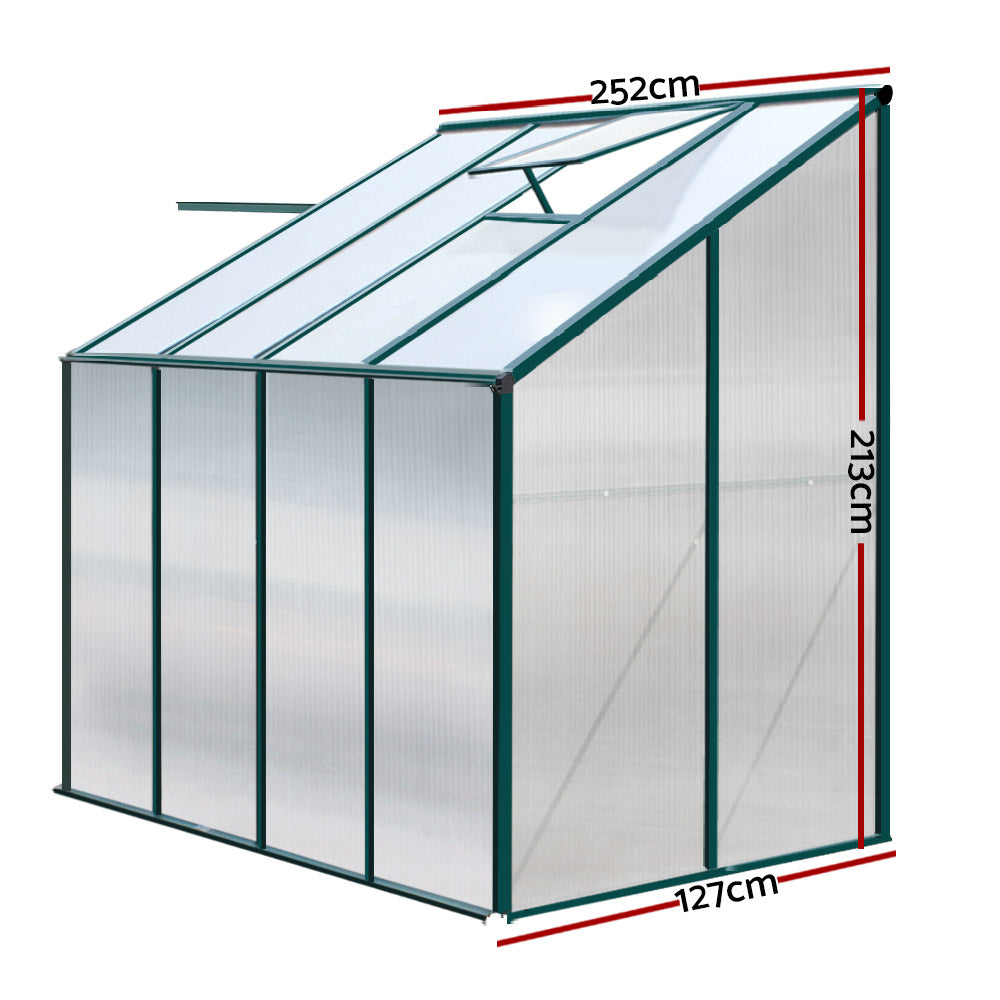 Greenfingers Lean-To Aluminium Polycarbonate Backyard Greenhouse - 2.52m x 1.27m x 2.13m