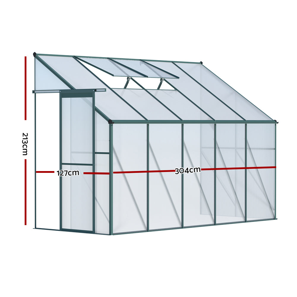 Greenfingers Lean-To Aluminium Polycarbonate Greenhouse Garden Shed - 3m x 1.27m x 2.13m