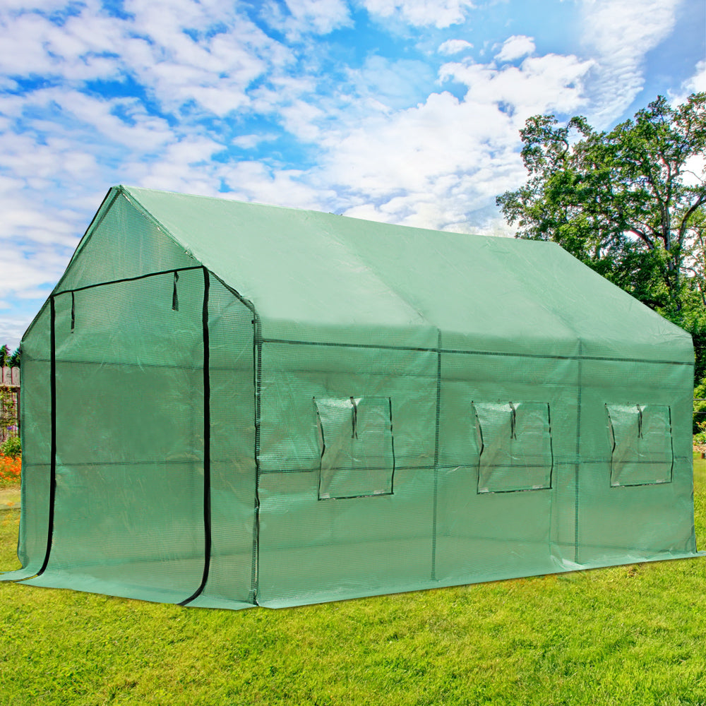 Greenfingers Medium Greenhouse Backyard Garden Shed with Green PE Mesh Cover - 3.5m x 2m x 2m