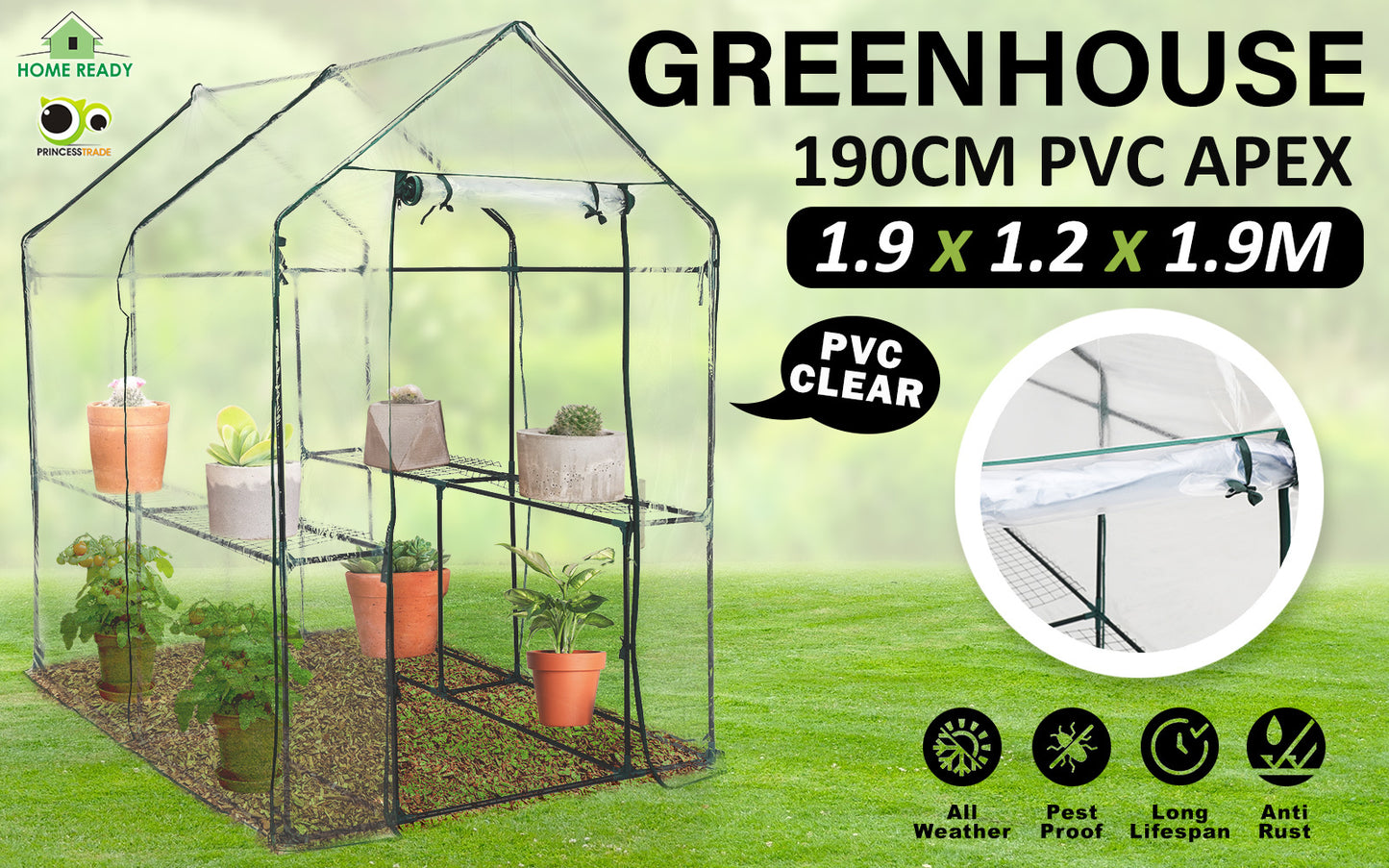 Home Ready Apex Walk in Portable Greenhouse with Clear PVC Cover - 1.9m x 1.2m x 1.9m