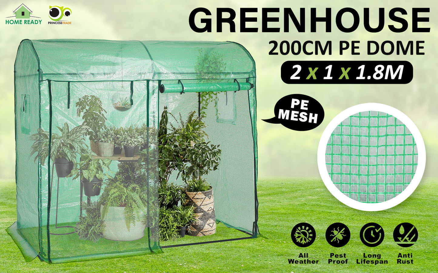 Home Ready Dome Walk in Portable Greenhouse with UV Resistant PE Mesh Cover - Green 2m x 1m x 1.8m