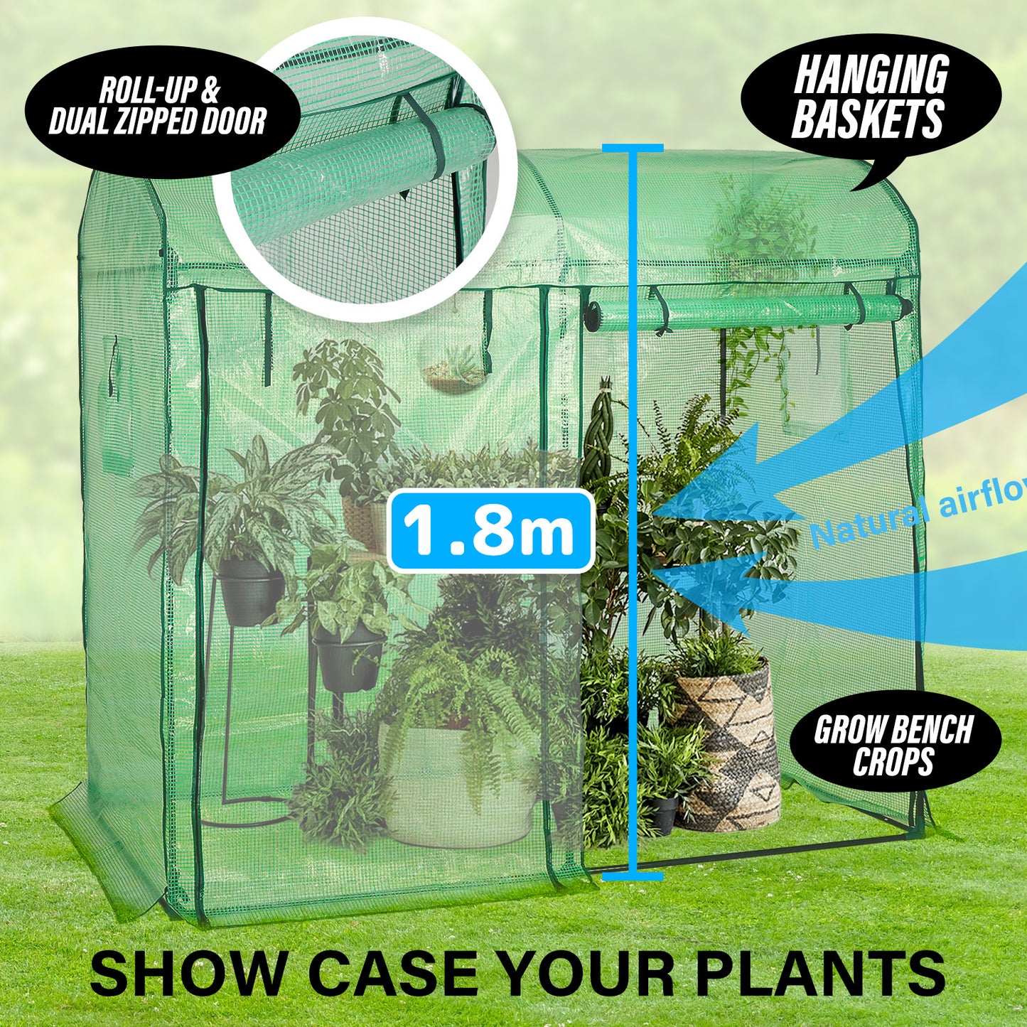 Home Ready Dome Walk in Portable Greenhouse with UV Resistant PE Mesh Cover - Green 2m x 1m x 1.8m