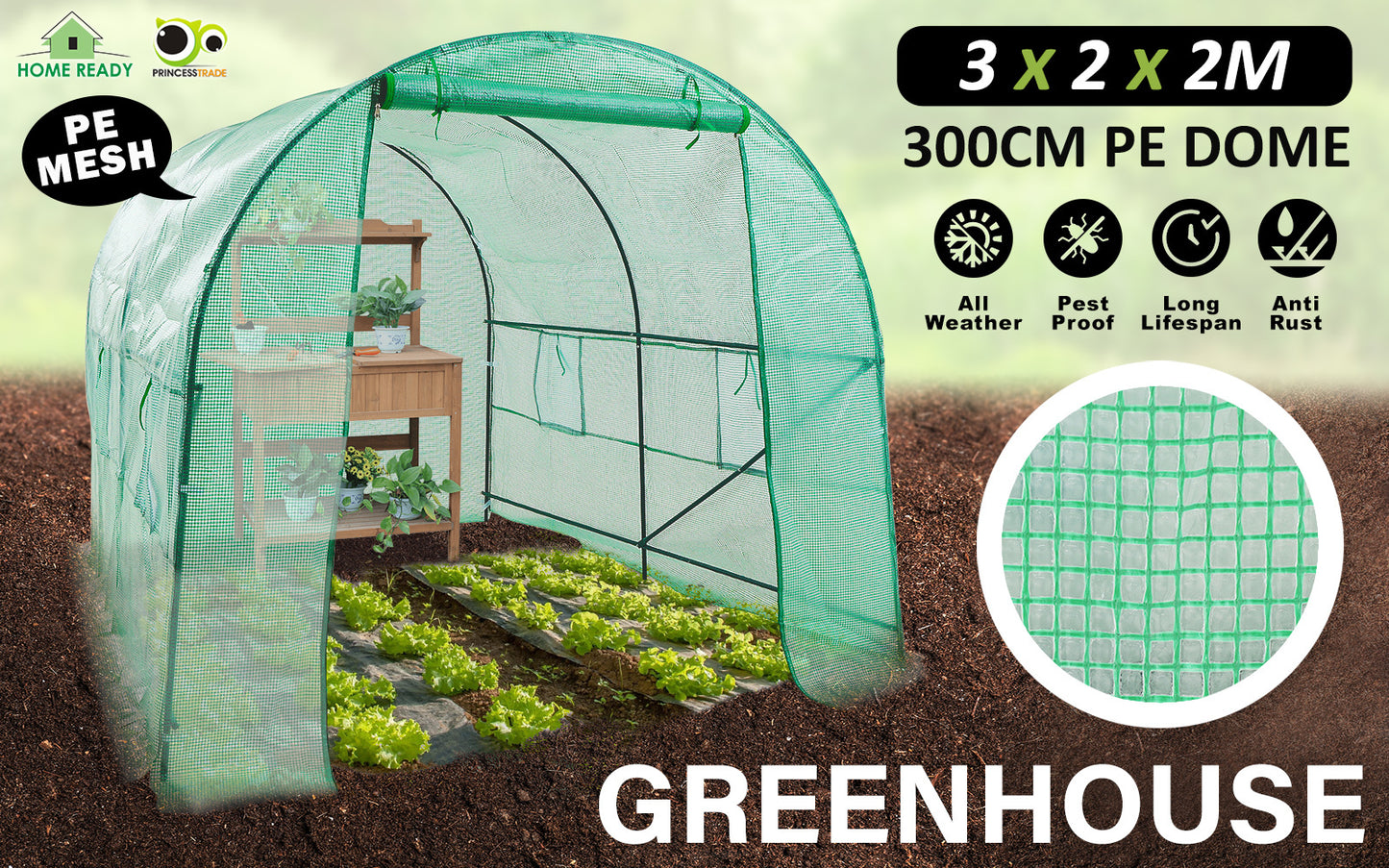 Home Ready Dome Tunnel Walk-In Greenhouse Garden Shed with Green UV Resistant PE Mesh Cover - 3m x 2m x 2m