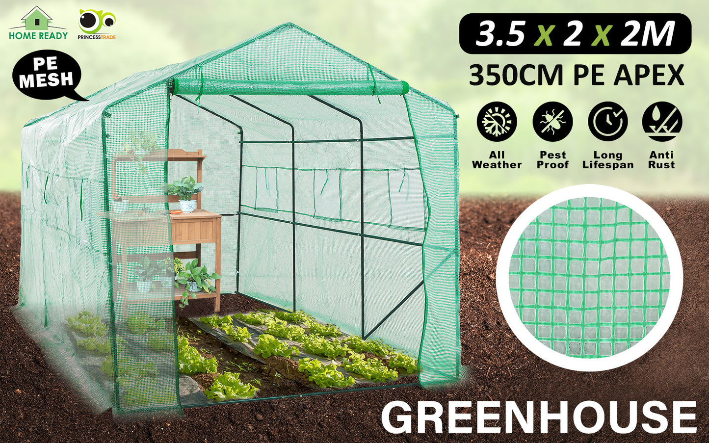 Home Ready Apex Walk In Garden Greenhouse with UV Treated Green PE Mesh - 3.5m x 2m x 2m