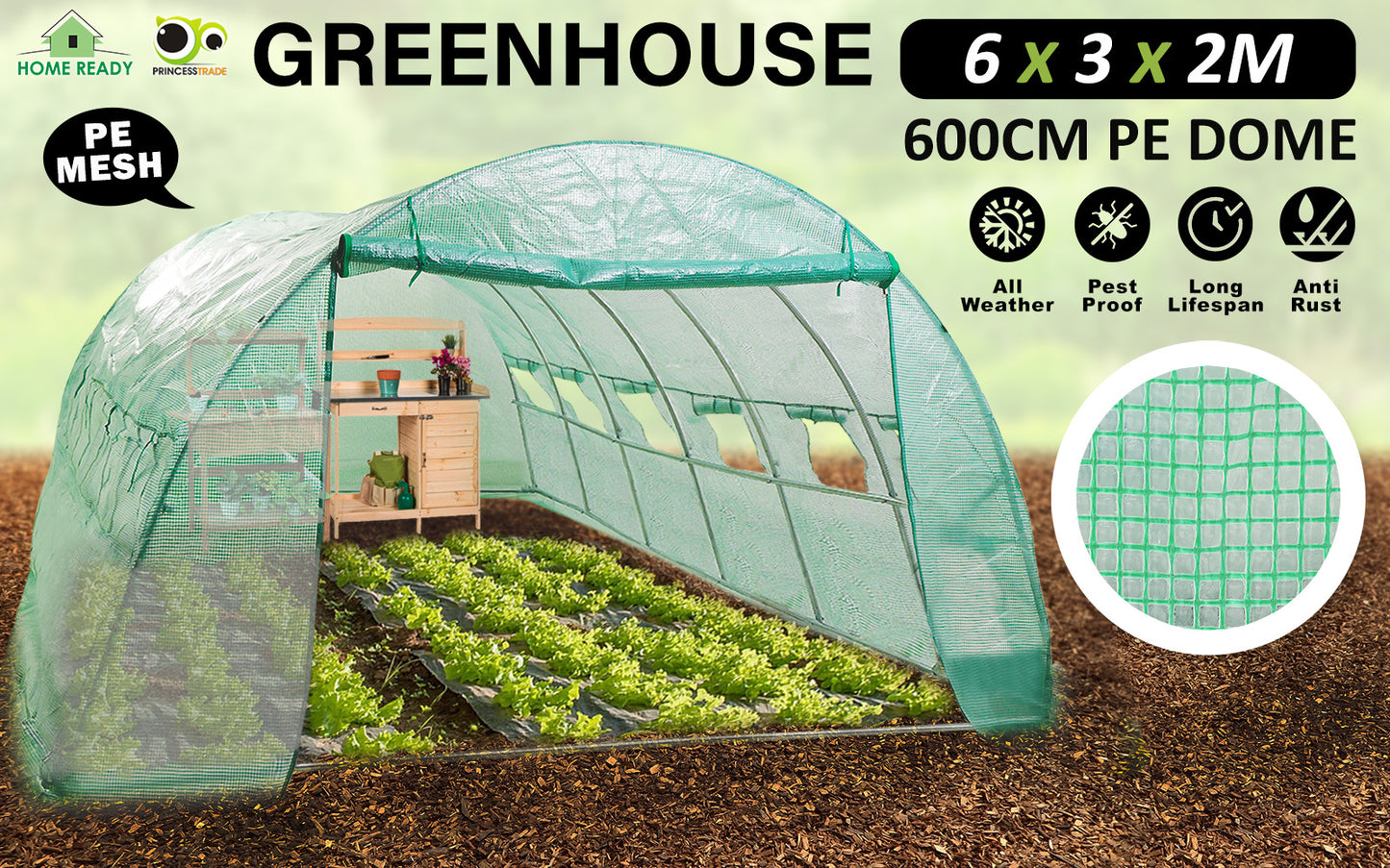 Home Ready Dome Tunnel Walk-In Greenhouse with UV Resistant PE Mesh Cover - Green - 6m x 3m x 2m