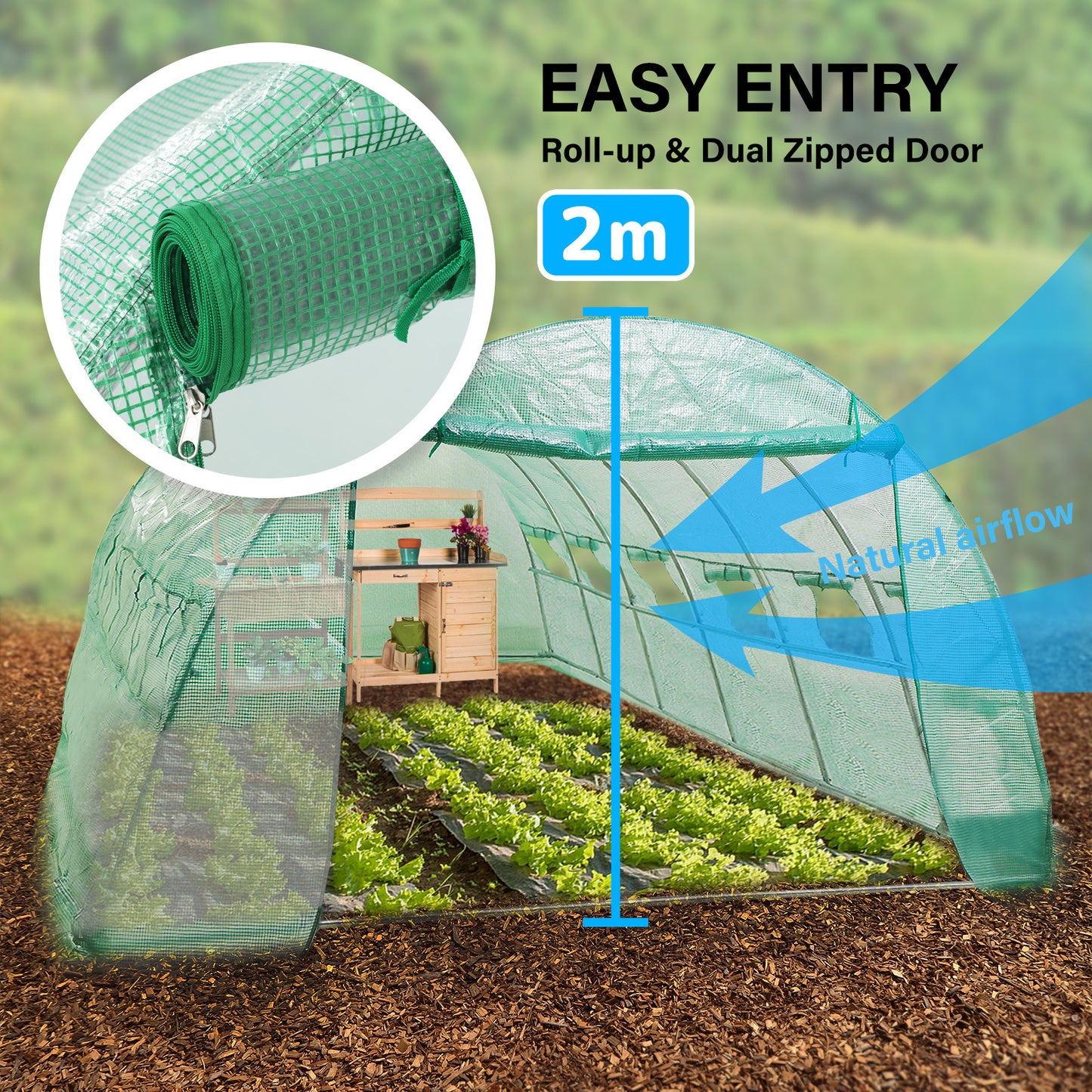 Home Ready Dome Tunnel Walk-In Greenhouse with UV Resistant PE Mesh Cover - Green - 6m x 3m x 2m