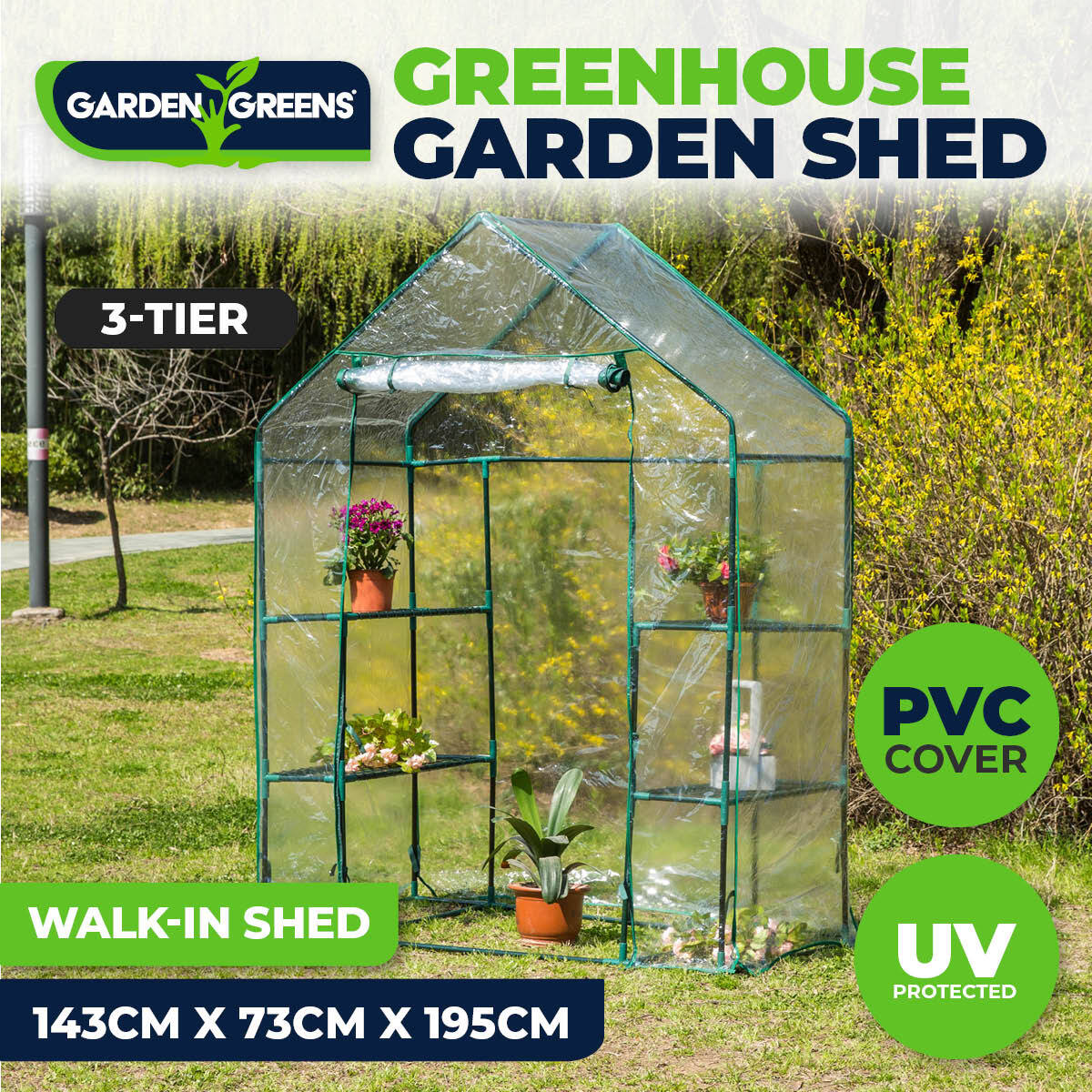 Garden Greens 3 Tier Small Walk In Greenhouse Shed with PVC Clear Plastic Cover - 143cm x 73cm x 195cm