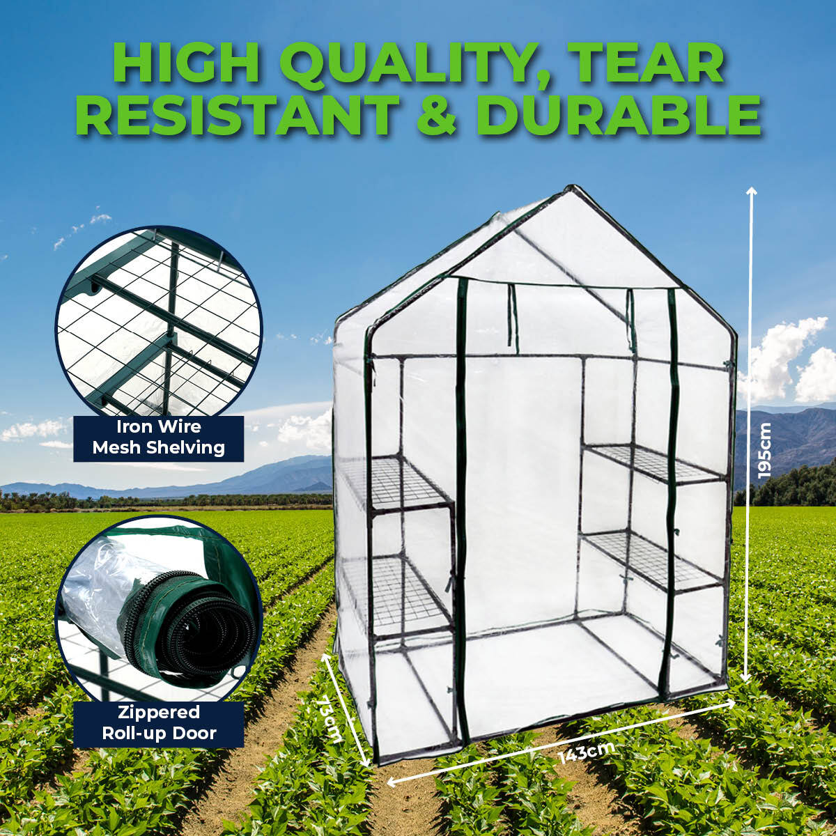 Garden Greens 3 Tier Small Walk In Greenhouse Shed with PVC Clear Plastic Cover - 143cm x 73cm x 195cm