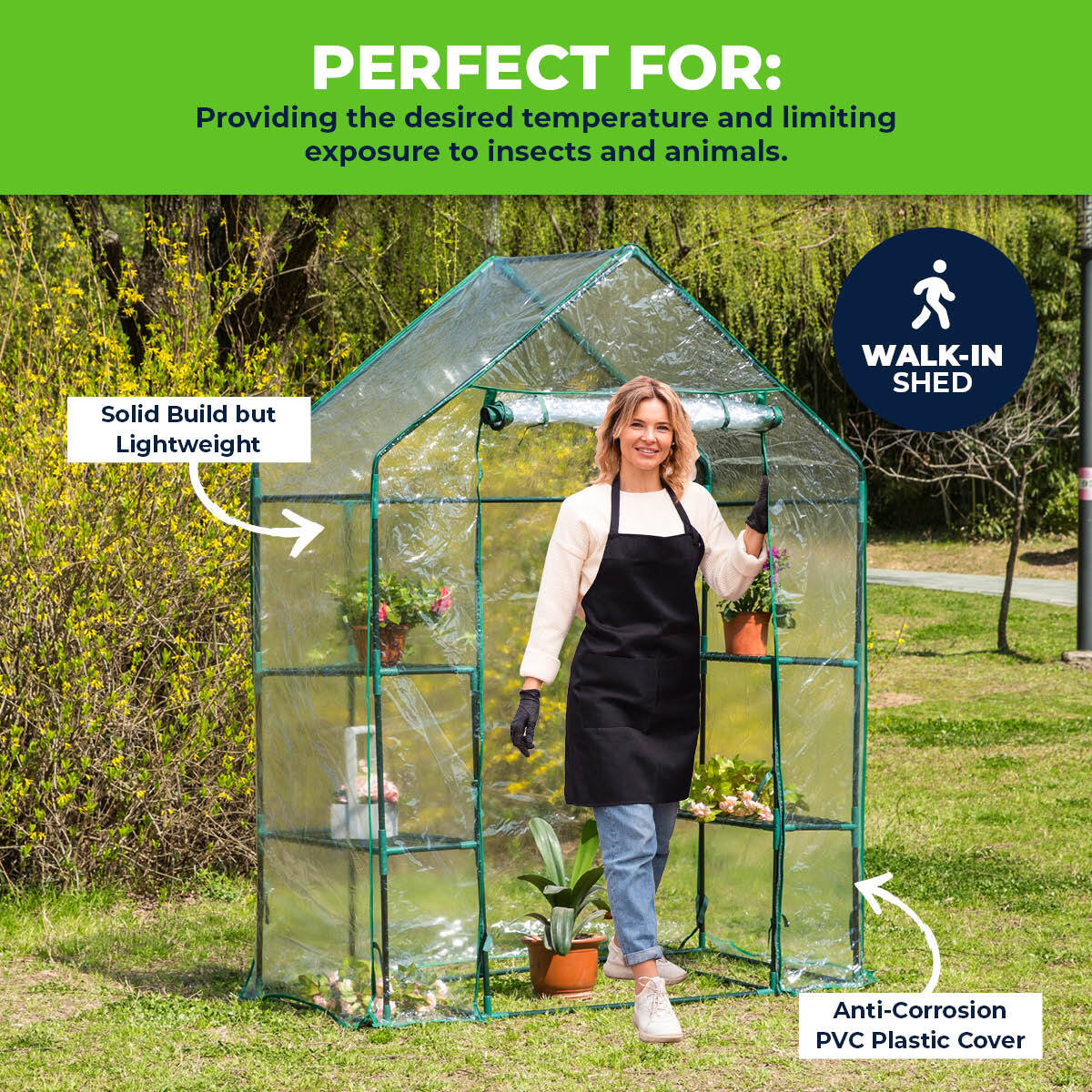 Garden Greens 3 Tier Small Walk In Greenhouse Shed with PVC Clear Plastic Cover - 143cm x 73cm x 195cm